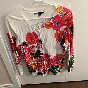 Cable & Gauge White Floral Button-Up Cardigan with Pink & Green Print